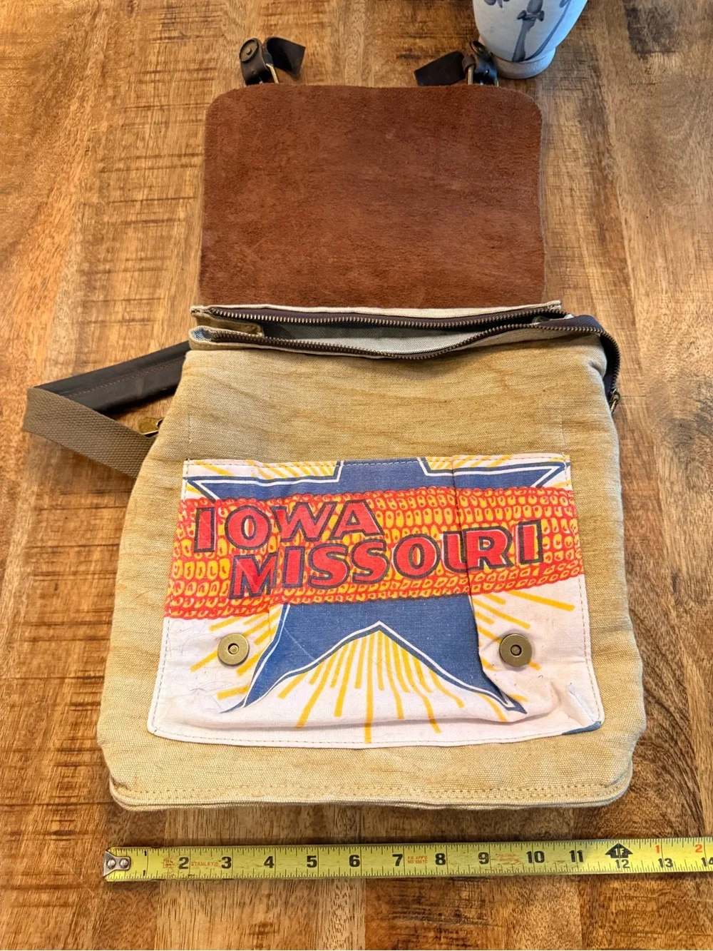 one of a kind - heavy duty Brown Leather & Tan Canvas Backpack with Blue Accent